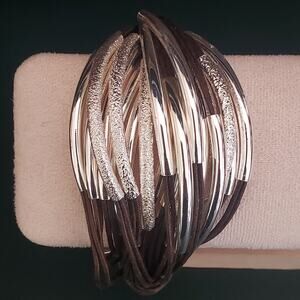 Saachi Multi-strand Statement Bracelet Dark Brown Cords with Silver Tone Bars‎